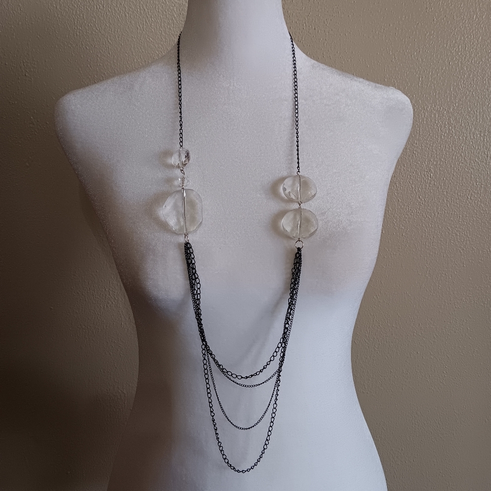 Silver & Clear Tone Beaded Chic Chain Necklace, Dainty Long Simple Minimalist - Picture 6 of 7